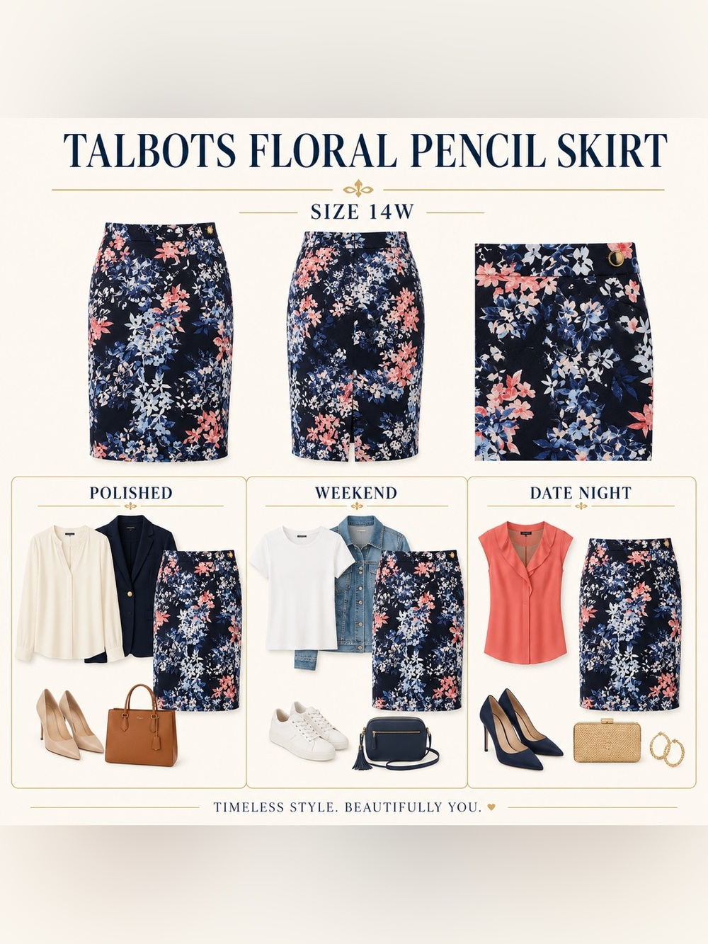 Talbots Woman Floral Pencil Skirt Navy Coral Size 14W